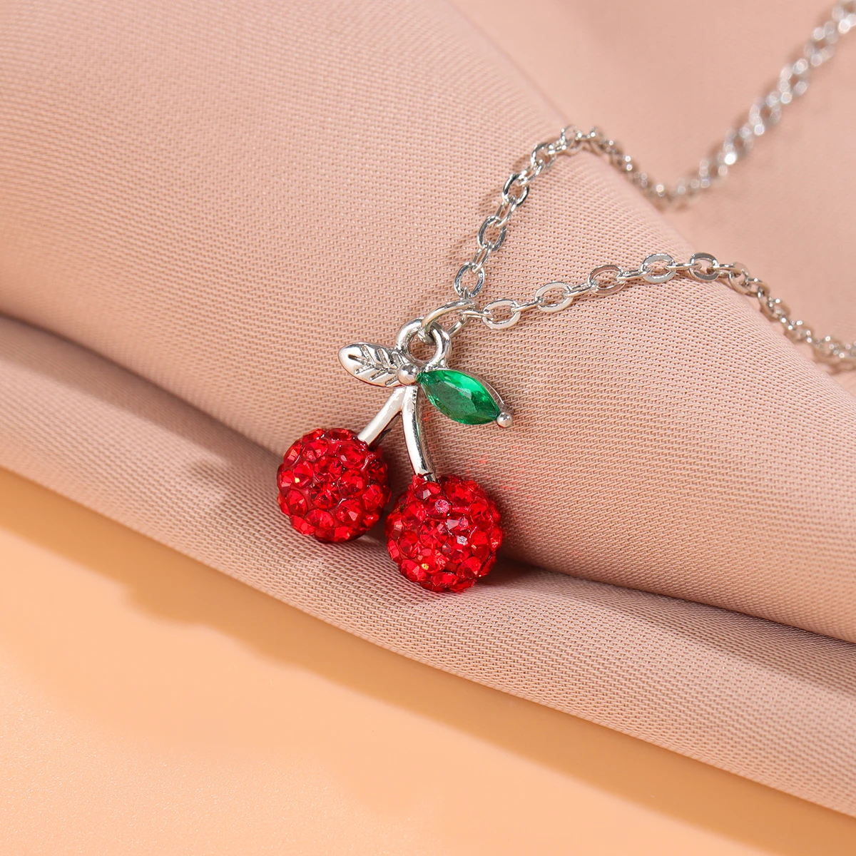 Full Crystal Red Cherry 925 Sterling Silver Fruit Clavicle Chain Pendant Necklaces