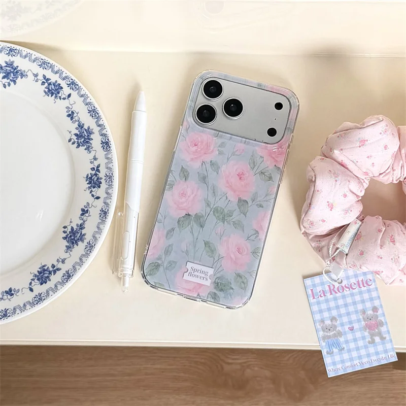 

Green Base Pink Rose Floral Phone Case For iPhone 17 Pro Max 16 15 14 Pro Max Transparent Shockproof Protective Cover