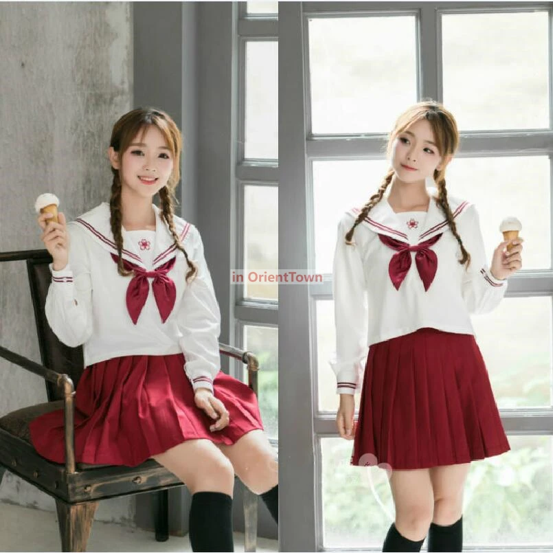 School Uniforms Japanese Korean Anime Girl Cosplay Costume Sakura Embroidered Cute Sailor Suit JK Student Clothing Top and Skirt