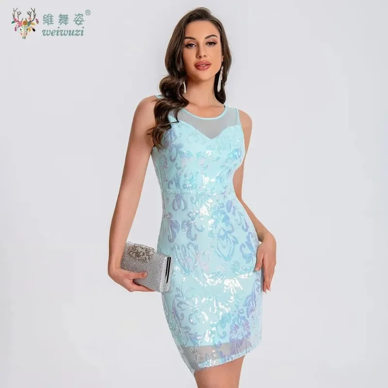 

Sexy Tight Fitting Women's Birthday Party Round Neck Sleeveless Embroidered Dress Sequin Fashion Cocktail Party Club Dress