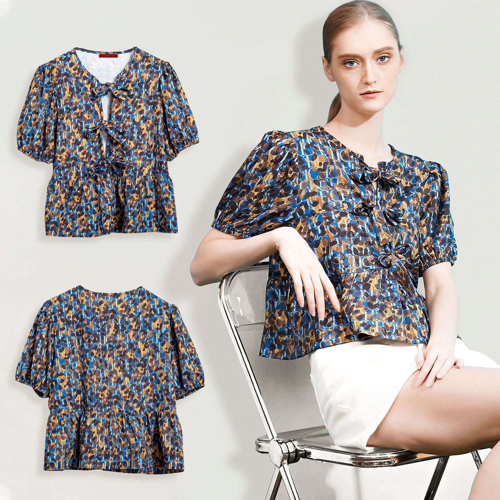 Multicolor Women's Shirts Casual Shirt Mini Top Lace-Up Hollowing Out Waist Slimming Fashion Office Ladies Short Sleeved Blouses