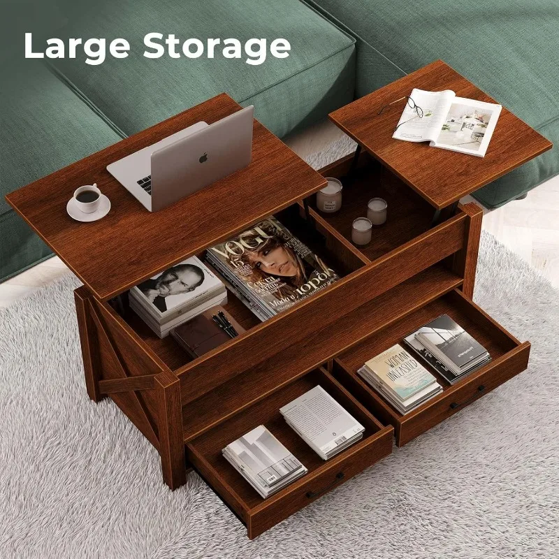 Lift Top Coffee Table with 2 Storage Drawers and Hidden Compartment,Farmhouse Center Table with Wooden Tabletop,for Living Room