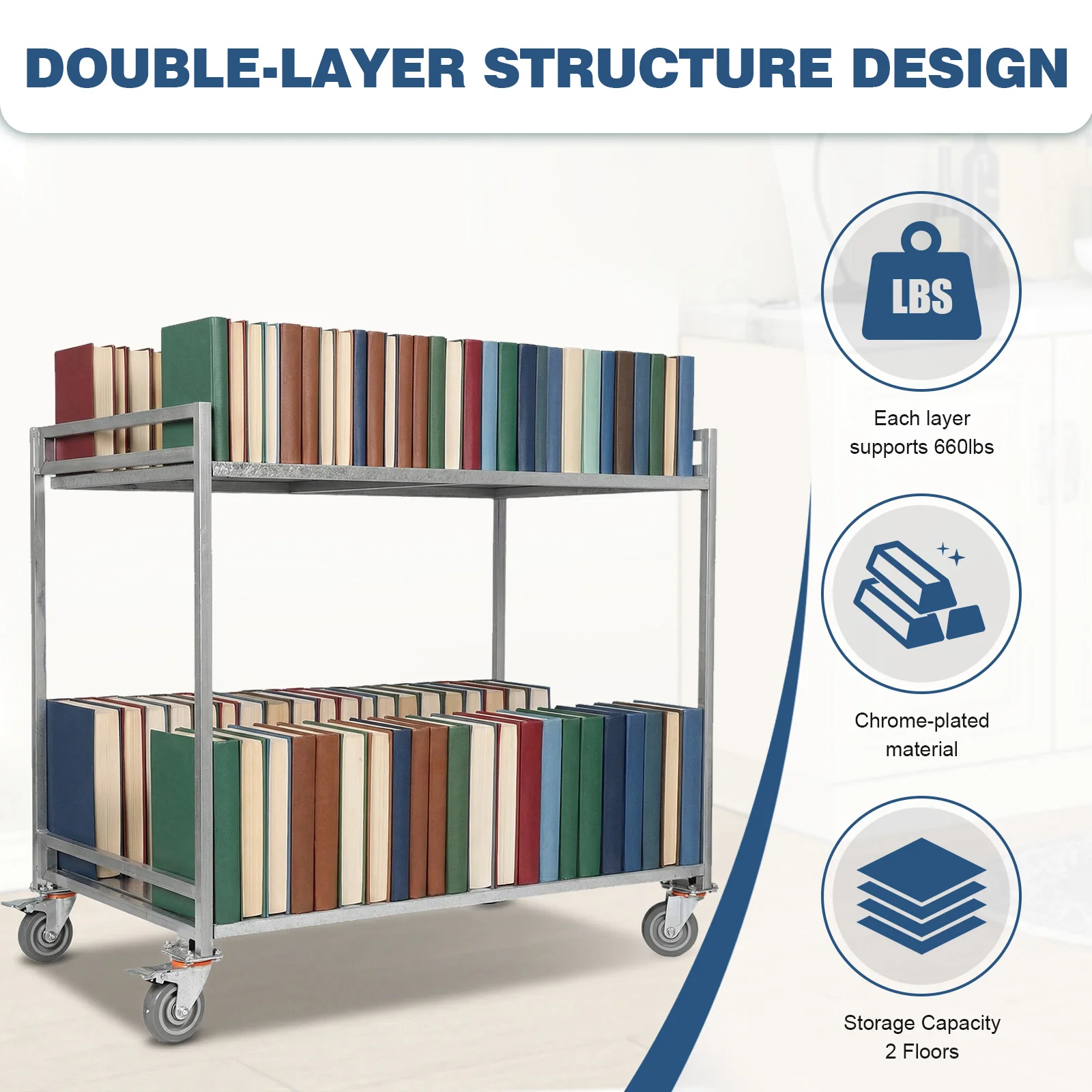 

2-Shelf Utility/Service Cart Metal Rolling Storage Cart with Wheels 660lbs Capacity with Handle for Warehouse Garage
