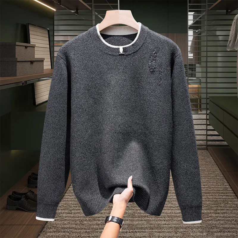 

Высококачественный мужской повседневный вязаный свитер с дизайнерскими вырезами, модный, универсальный, с длинными рукавами, теплый топ из полиэстера и нейлона для осени и зимы