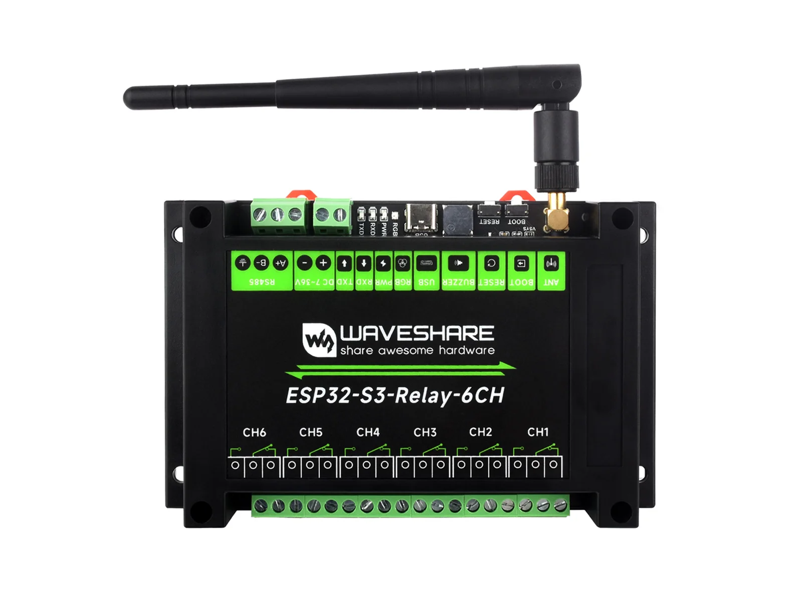 Waveshare Industrial 6-Channel ESP32-S3 WiFi Relay Module, Supports WiFi / Bluetooth / RS485 control, Onboard RS485 / Pico HAT