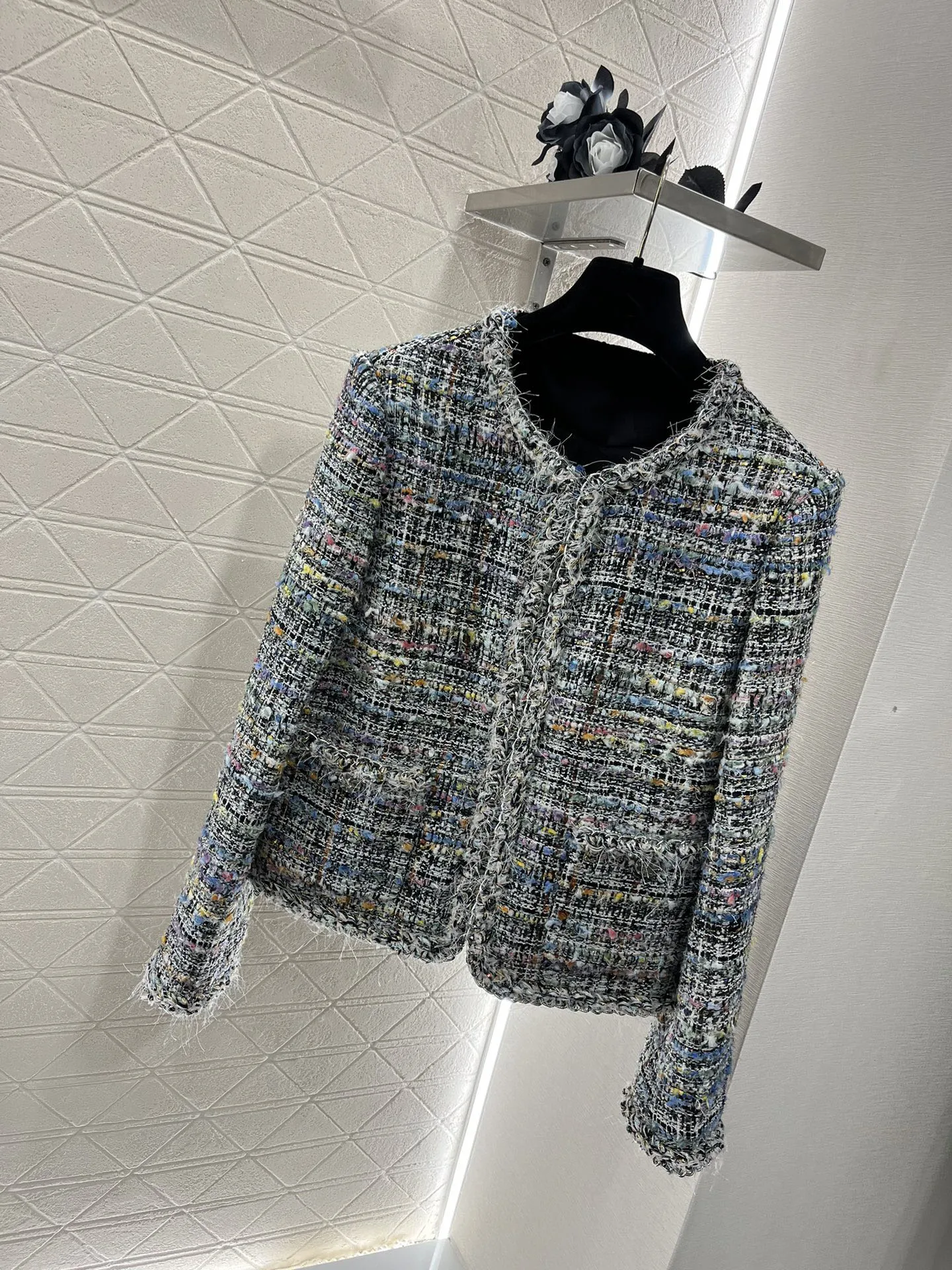 2024 Autumn/Winter New Women's Clothing Color blocking chain edging decorative coarse woolen coat 0922