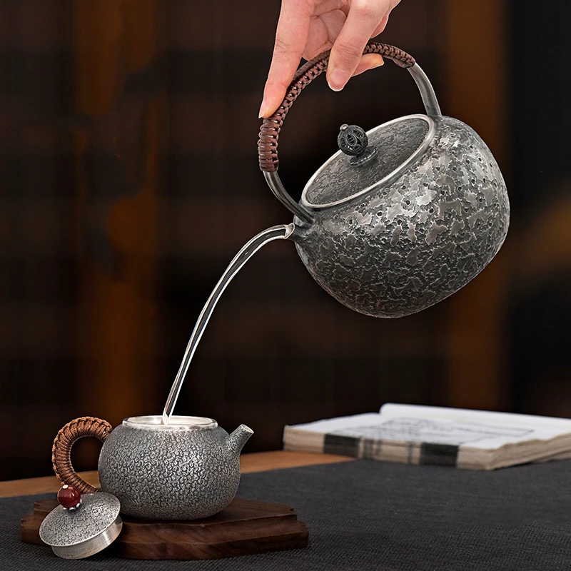 Sterling silver 999 kettle Schist grain teapot household retro style pure hand-handled beam silver teapot