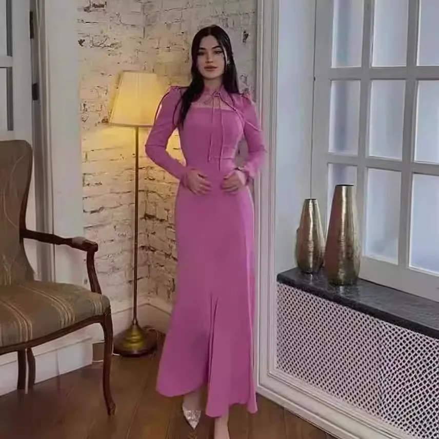 Spring Lace-up Abaya Dubai Solid Muslim Dress for Women Elegant Arabic Temperament Abayas Islamic Long Sleeve Turkey Clothing