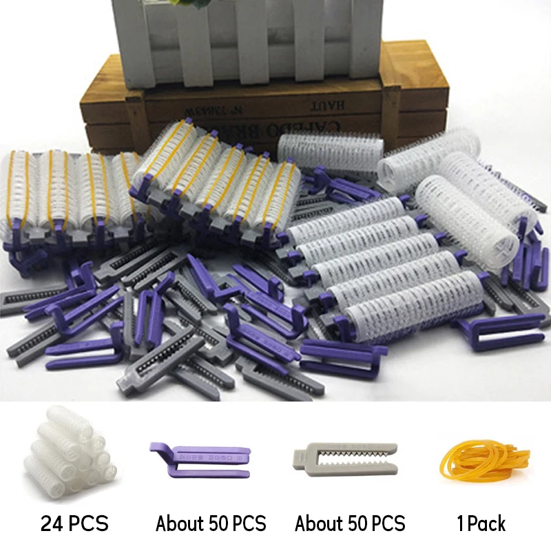 24Pcs Salon Hair Root Perm Rods with Clips Bands and Hook and Loop Straps for Volume Curling Styling Tool Set
