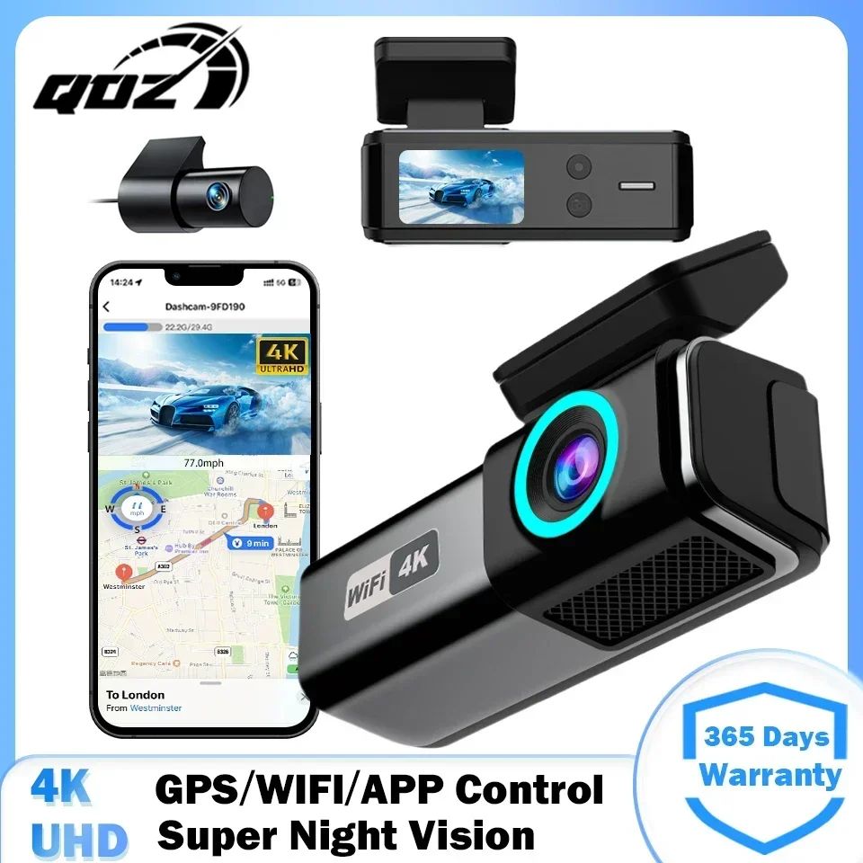 QOZ 4K WIFI Dash Cam 2160P Car DVR Front and Rear Dual Lens Auto Car Recorder with Night Vision G-Sensor 24H Parking Monitor