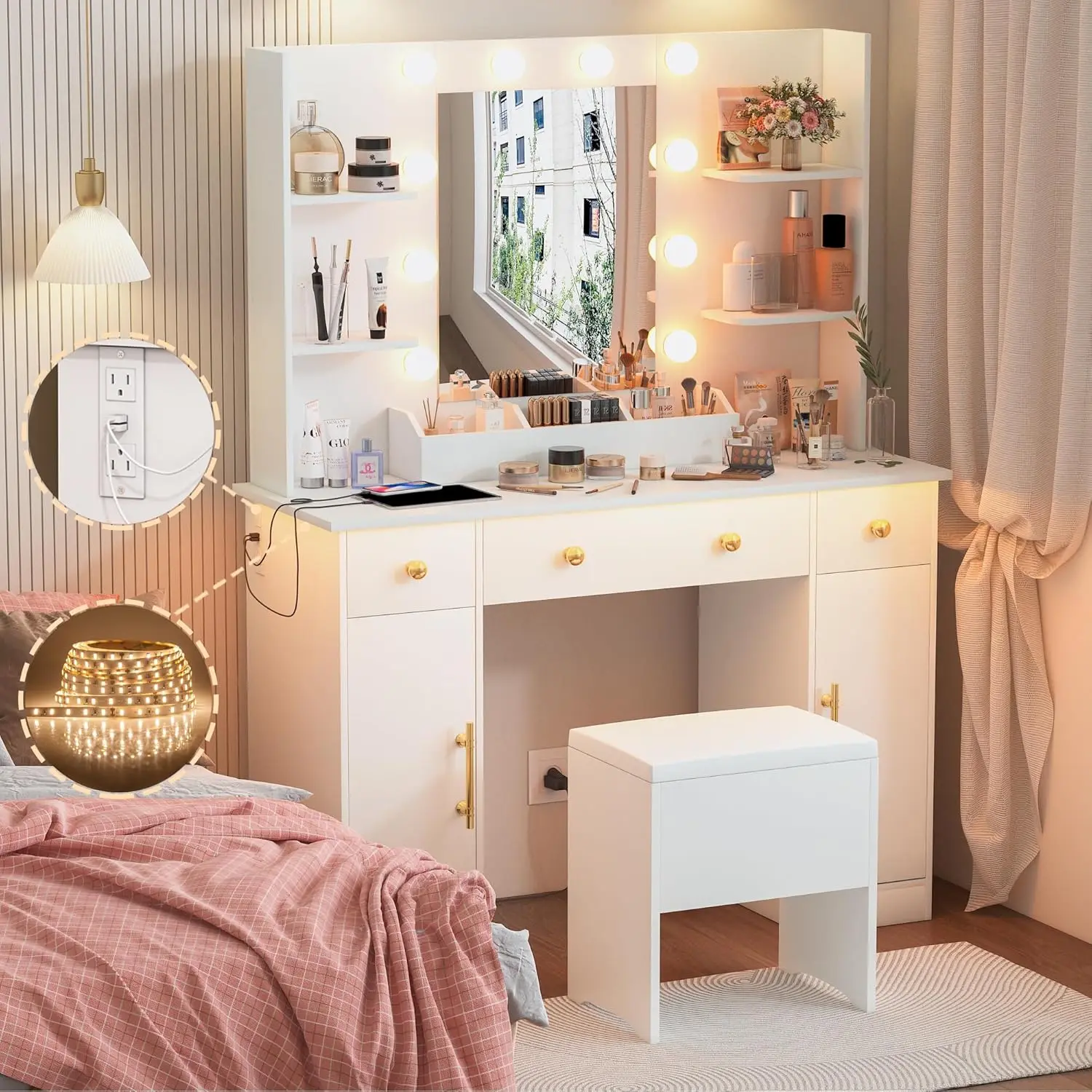 

Vanity Desk with Mirror and Lights, 43'' White Makeup Dressing Table Set with 5 Drawers & Chair, Power Outlet, 3 Lighting Modes