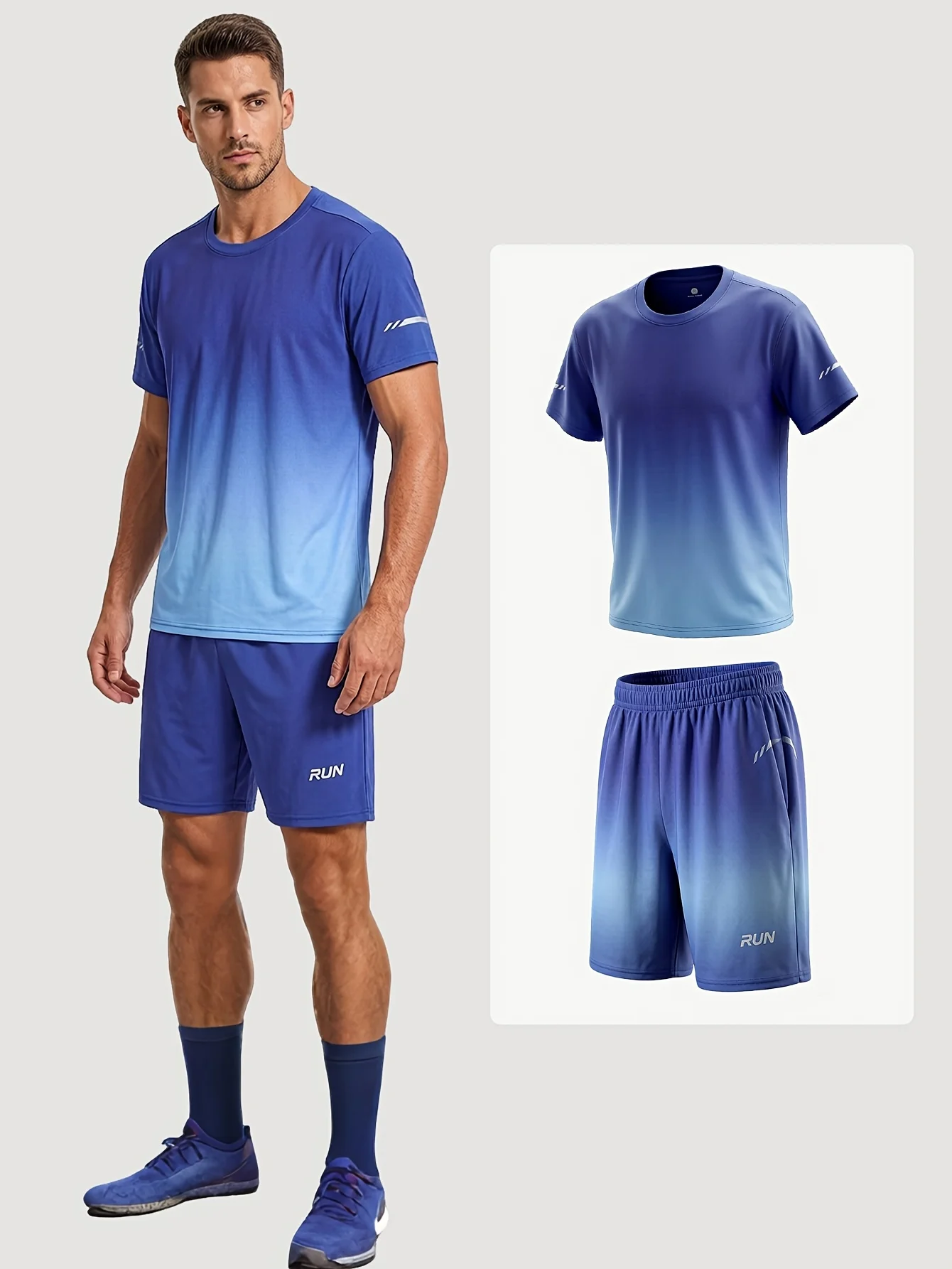 

Men's Loose Breathable Light Quick Dry Gradient Blue Print Casual Short Sleeve Shorts Set Summer Sports Fitness Training Wear