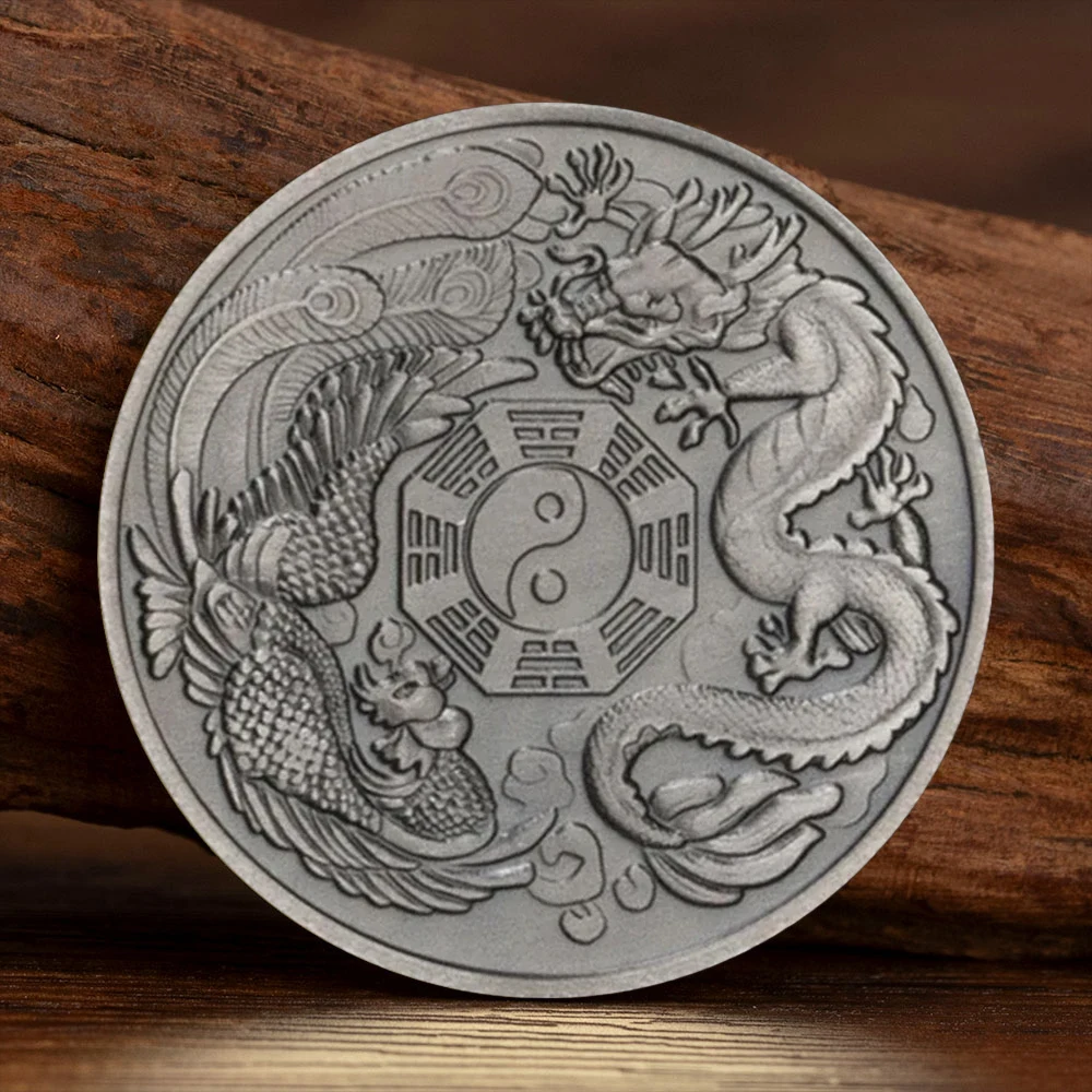 Dragon and Phoenix Commemorative Coin Yin and Yang Bagua Taiji Figure Traditional Silvery Plated Collection Coin