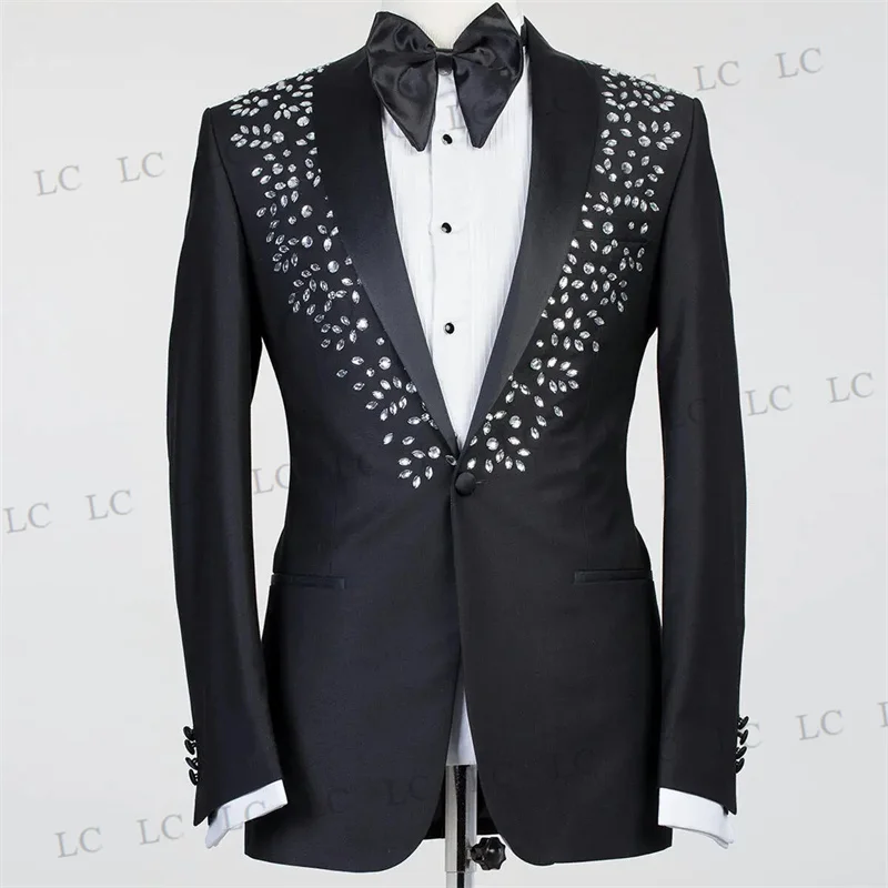 

Beading Men Suits 2 Piece Blazer Pnats One Button Crystals Beads Diamonds LapelParty Tuxedo Slim Wedding Groom Plus Size Costume