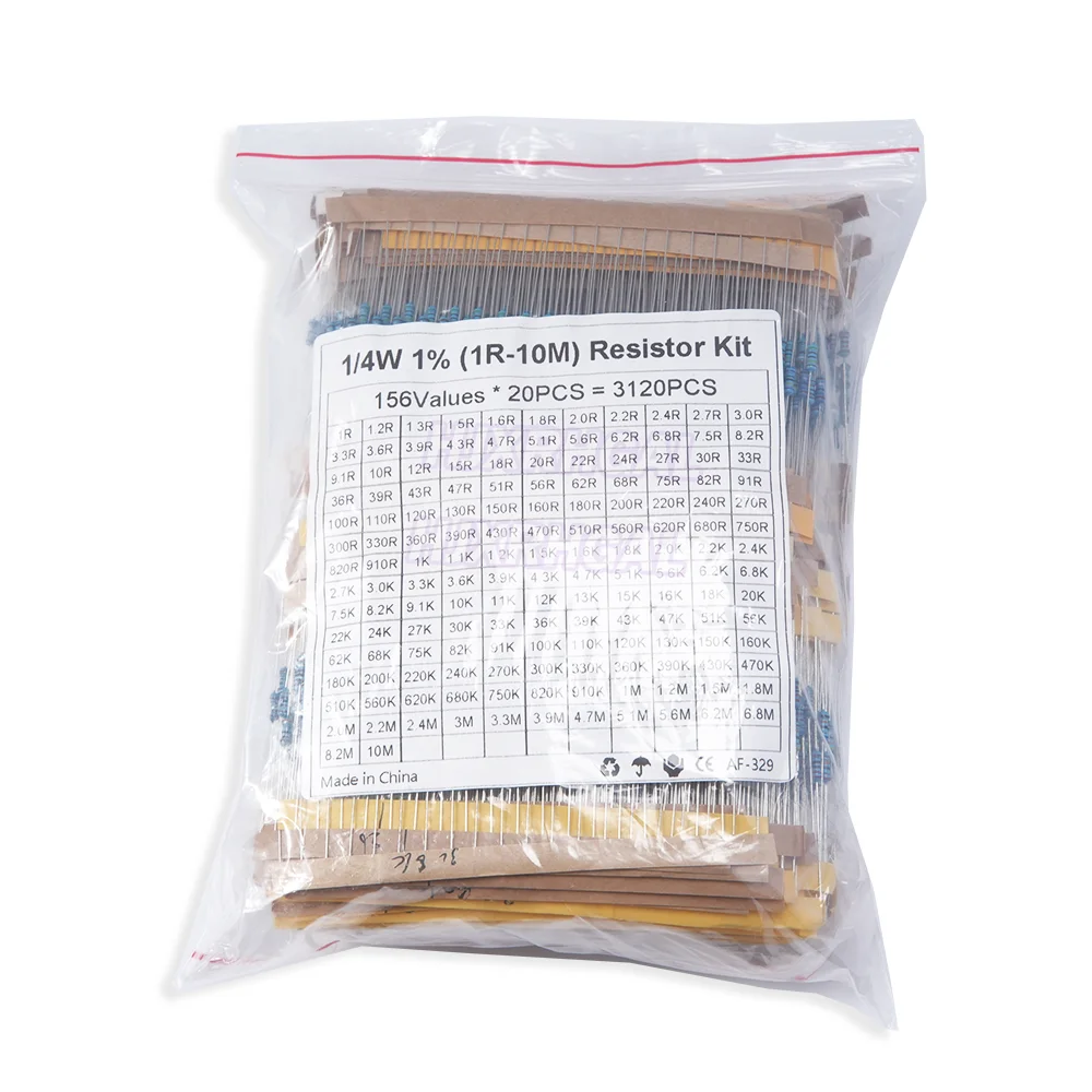 3120pcs 156Values Electric Unit 1/4W Power Metal Film Resistor Kit 1R-10M 1% Tolerance Assortment Set  1ohm-10Mohm samples pack