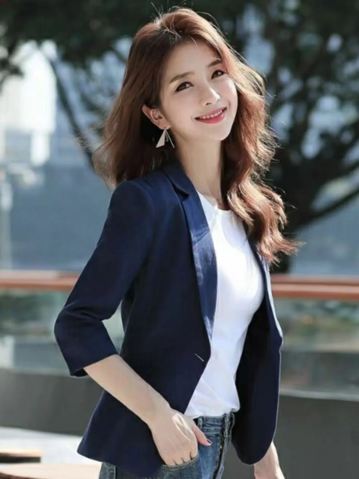 Short  Women's Fashion 2024 Spring Summer Slim Fit Seven-Quarter Sleeve One Button Casual Linen Western Suit Outerwear