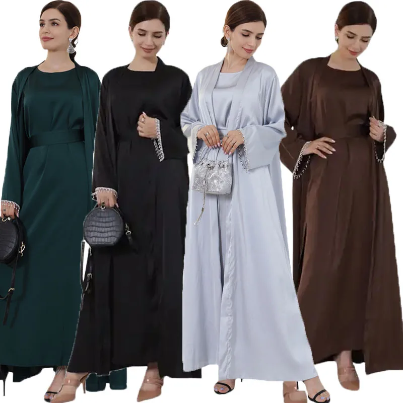 Open Abaya Beading Kimono Muslim Women Inner Maxi Dresses Set 2 Piece Turkey Dubai Kaftan Islamic Eid Ramadan Arab Robe Jalabiya