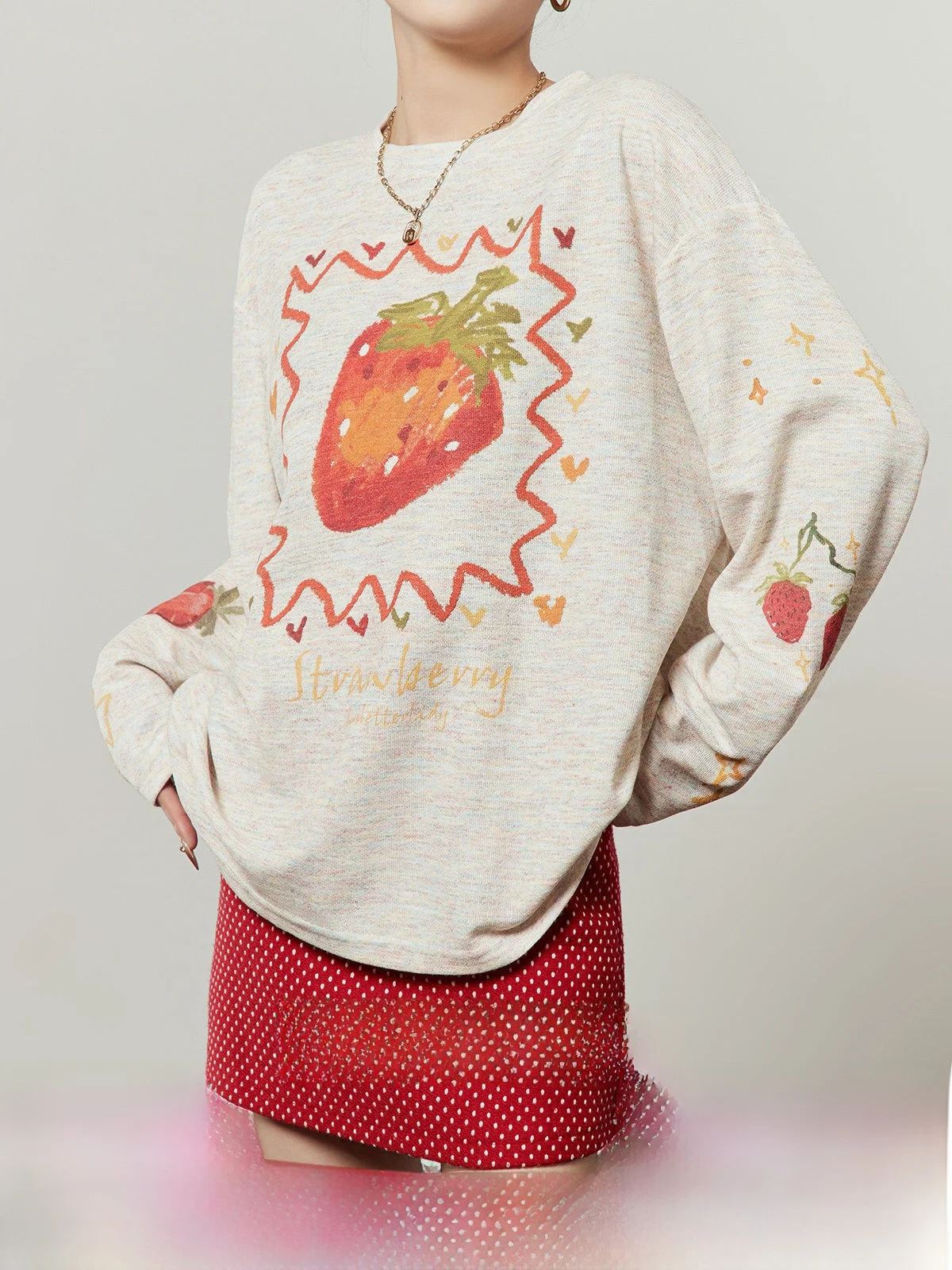

Strawberry Graffiti Floral Lace Pink T-Shirt Women's Loose Casual Style Long Sleeve Breathable Comfortable Spring New Arrival
