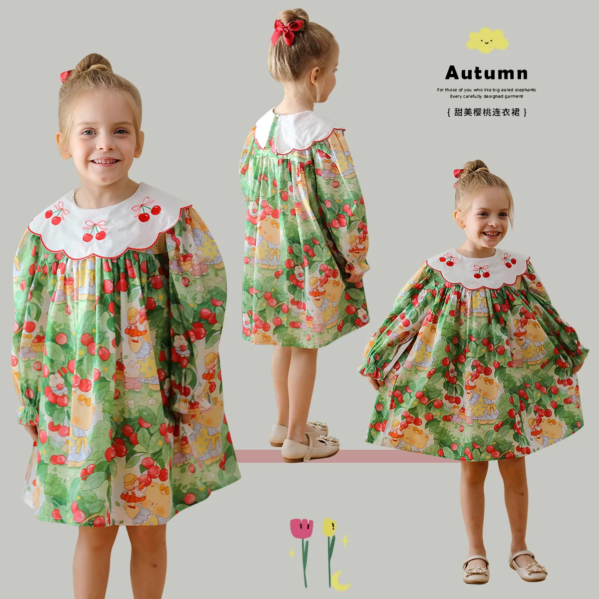 

Children Dresses 2025 Sweet cherry embroidered doll collar girls' dress long-sleeved print cute baby Girl Clothes Girls Dresses