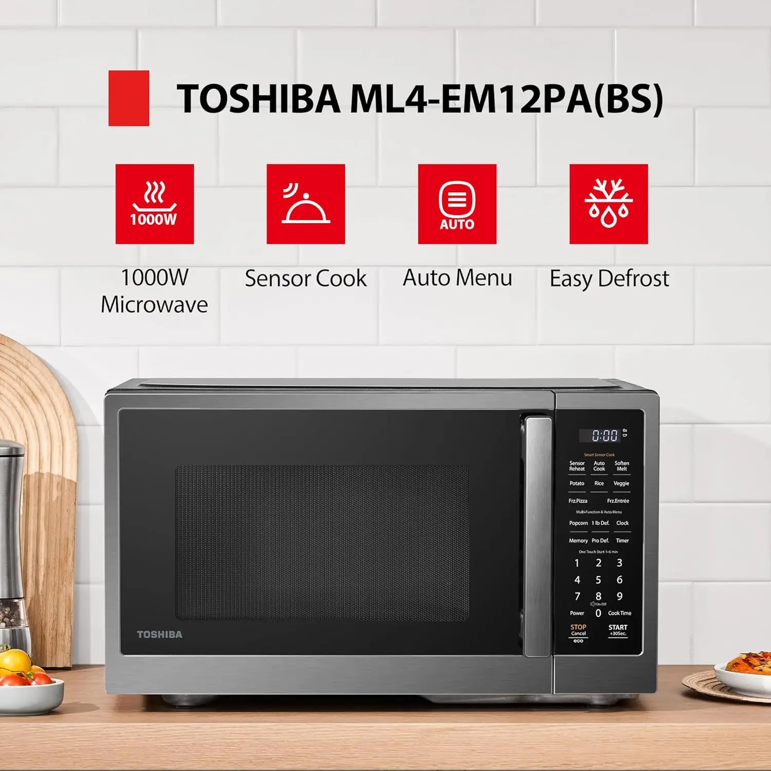 Countertop Microwave Oven, 1.2 Cu Ft 1000W with Smart Sensor and 13 Auto Menus, Mute Function, 12.4
