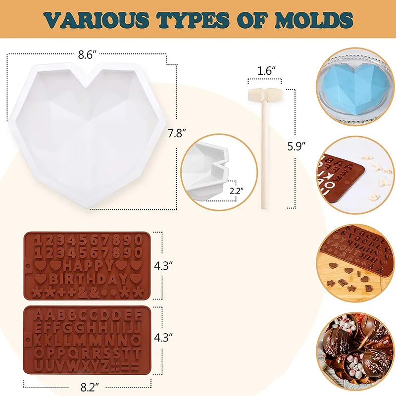 Breakable Heart Mold Set for Chocolate, Heart Silicone Molds with Hammers, Number and Letter Molds, Chocolate Bomb Molds