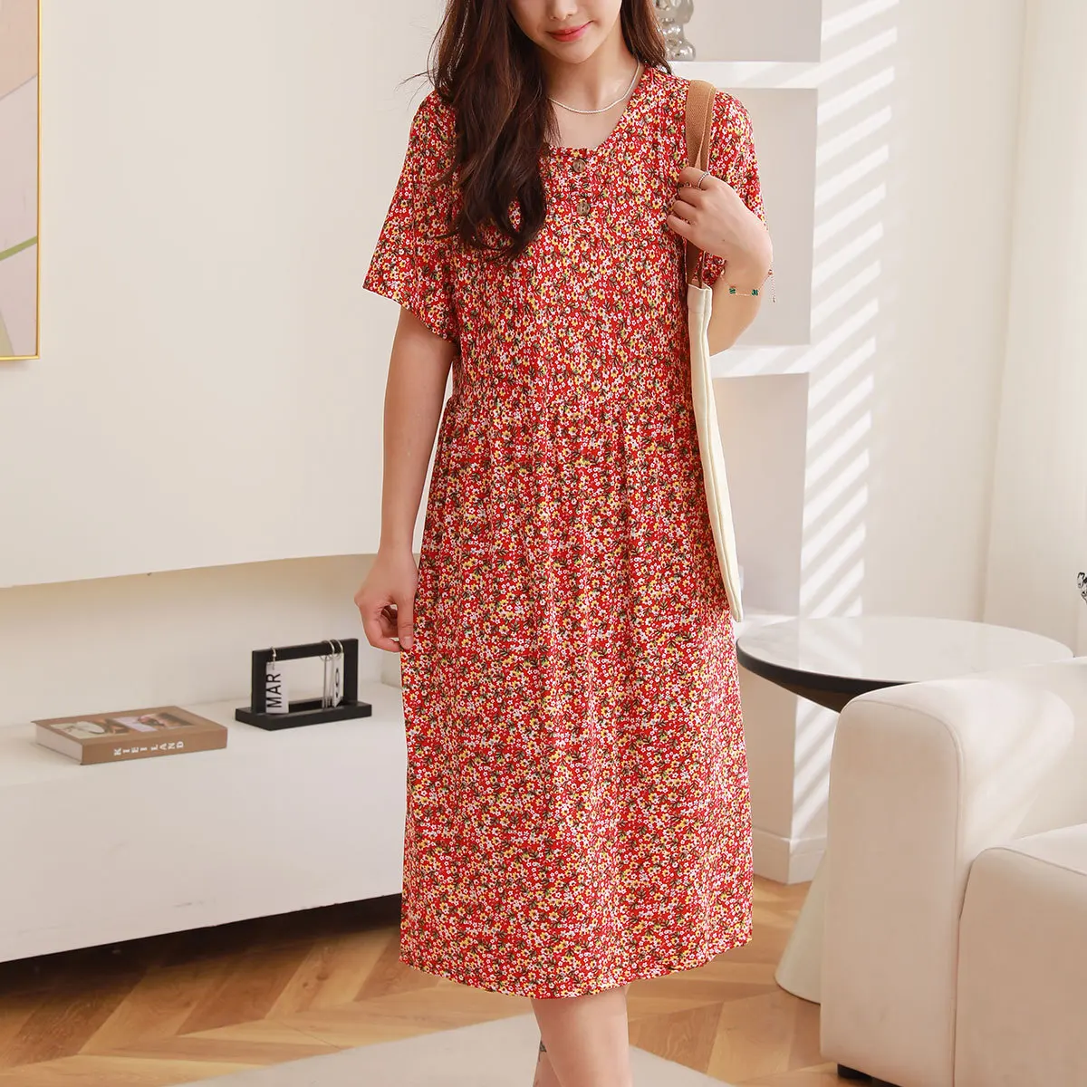 Summer Ladies Nightdress Floral Dress New Nightdress Loungewear Middle-Aged and Elderly Short Sleeve Long Skirt Loungewear