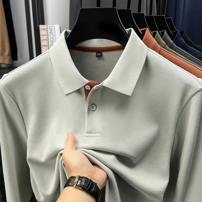 

100% Mercerized Cotton Business Men Polos 2025 Autumn Classic Solid Long Sleeve Tops Male Casual Turn Down Collar T-shirts
