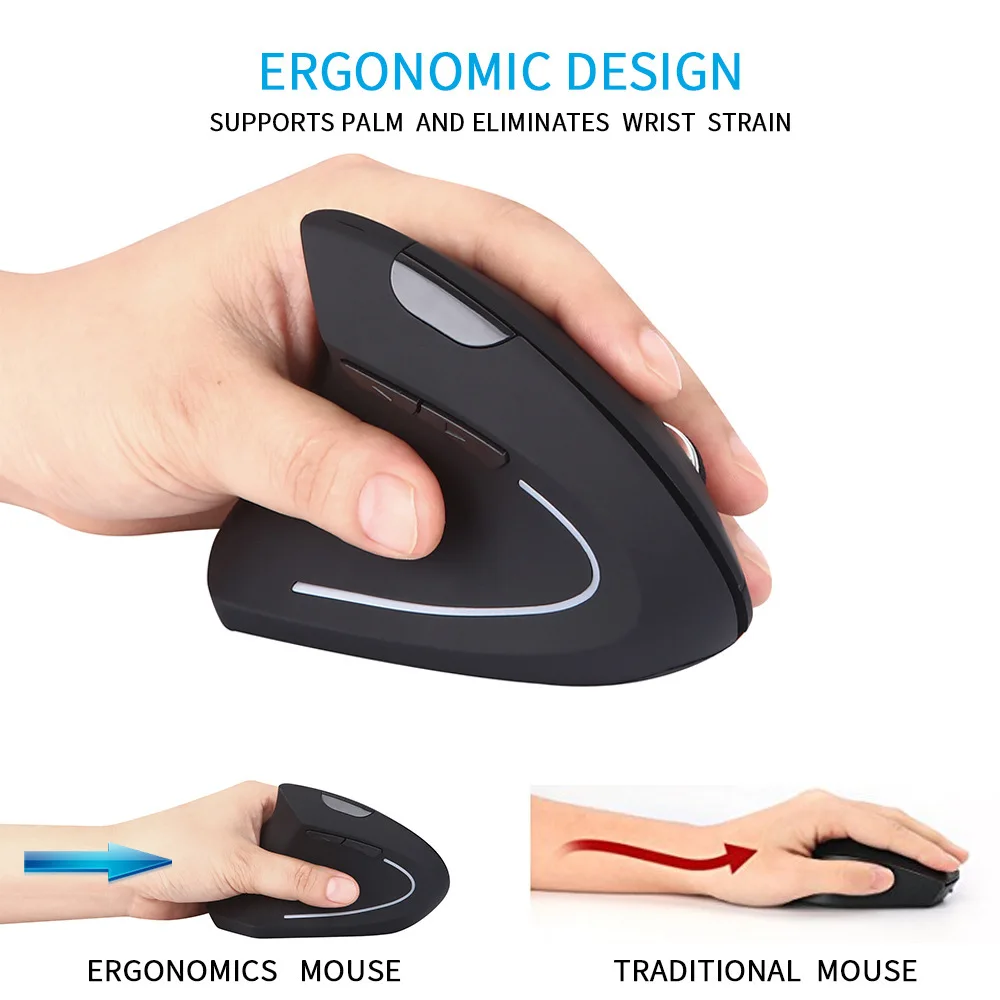 Souris verticale optique ergonomique sans fil, 2.4GHz, USB, avec 6 boutons, 1600 ug I, pour ordinateur portable et de bureau