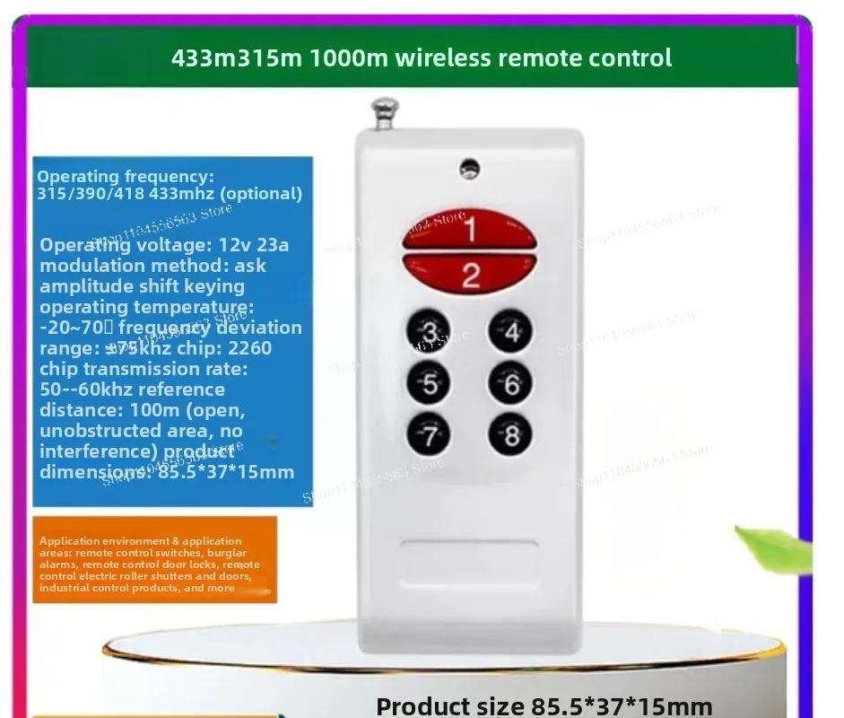 418M8 Key Wireless Radio Frequency Remote Control, High Power Fixed Code 315.433.390.418 Key Remote Control
