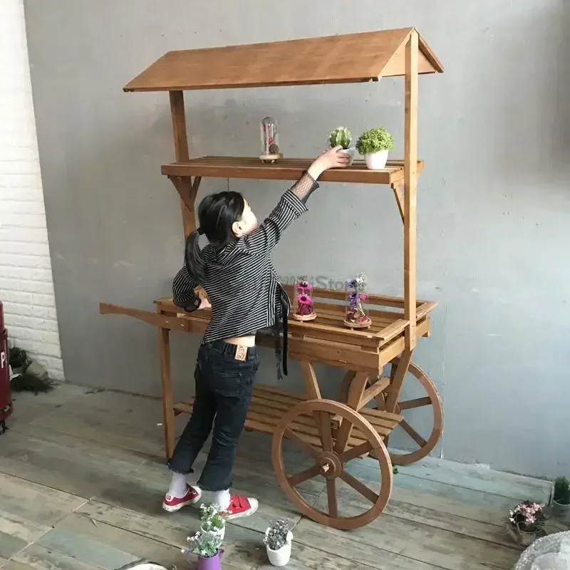 Pastoral Flower Rack Solid Wood Cart Storage Rack Balcony Storage