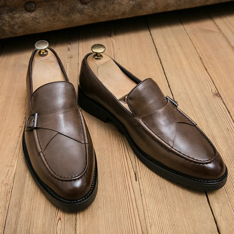 

New Men Loafers Brown Black Round Toe Slip-On Men Dress Shoes Business Handmade Wedding Size 38-44