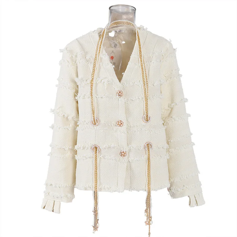 

Женский твидовый пиджак с бахромой, однобортный пиджак с V-образным вырезом и жемчужинами, элегантное свободное шерстяное пальто с длинными рукавами и цепочками, зима 2024
