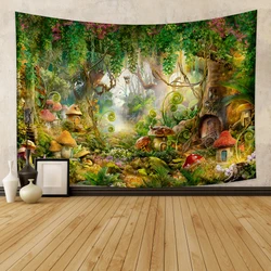 Fantasy Forest Tapestry Enchanted Mushroom Tapestry Fairytale Magical Wonderland Tree House Tapestries Wall Hanging Art for Kids