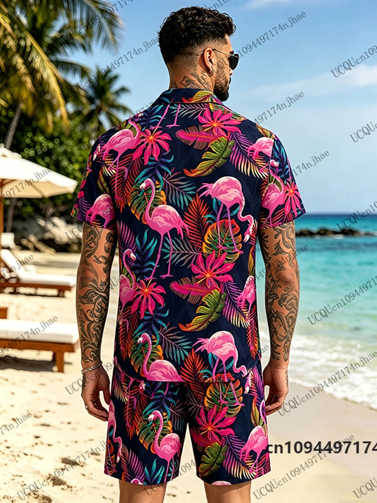 Summer Men's Tracksuit Leaf & Flamingo Print Lapel Short Sleeve Shirts+Shorts Set Hawaiian Casual Suit Oversized 2 Piece Clothes