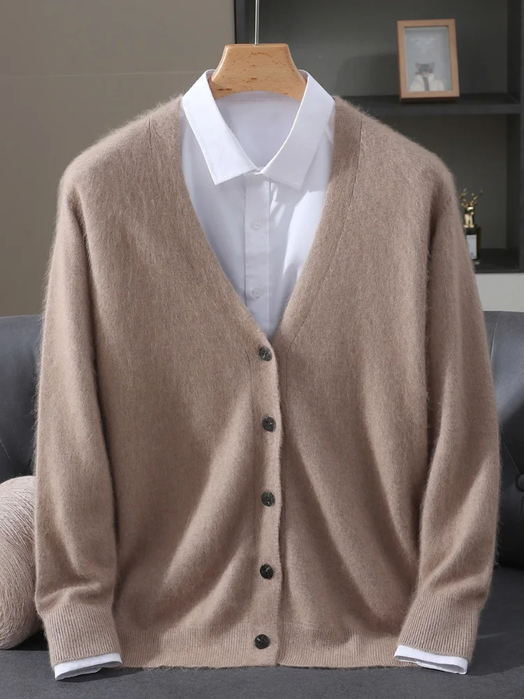 

TLOML New Men's 100% Mink Cashmere Sweater V-Neck Solid Cardigan Smart Casual Soft Warm Autumn Winter Mink Cashmere Comfy Tops