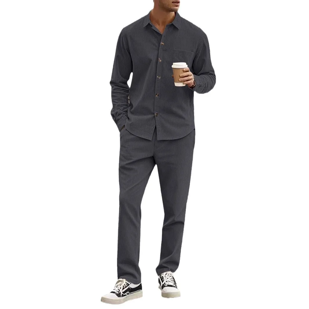 2025 new corduroy men's spring and autumn casual collar button up shirt long sleeved pants set