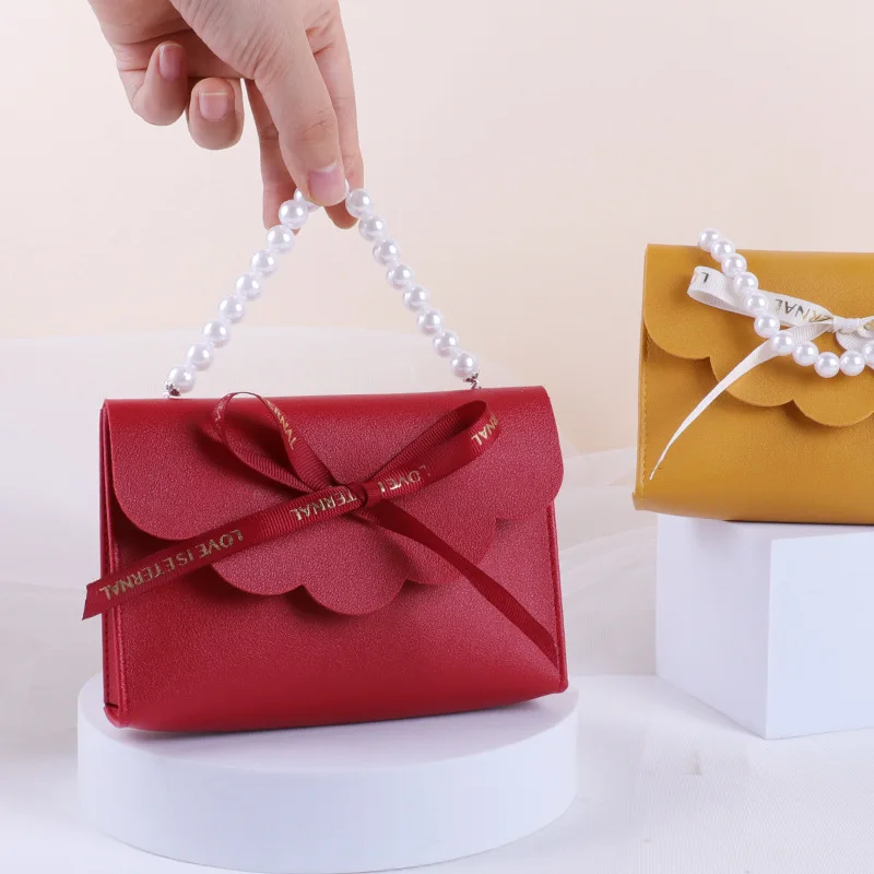 5/10/20Pcs Leather Gift Bags Bow Ribbon Packaging Bag Wedding Favour Distributions Bag Birthday Candy Packaging Box Mini Handbag