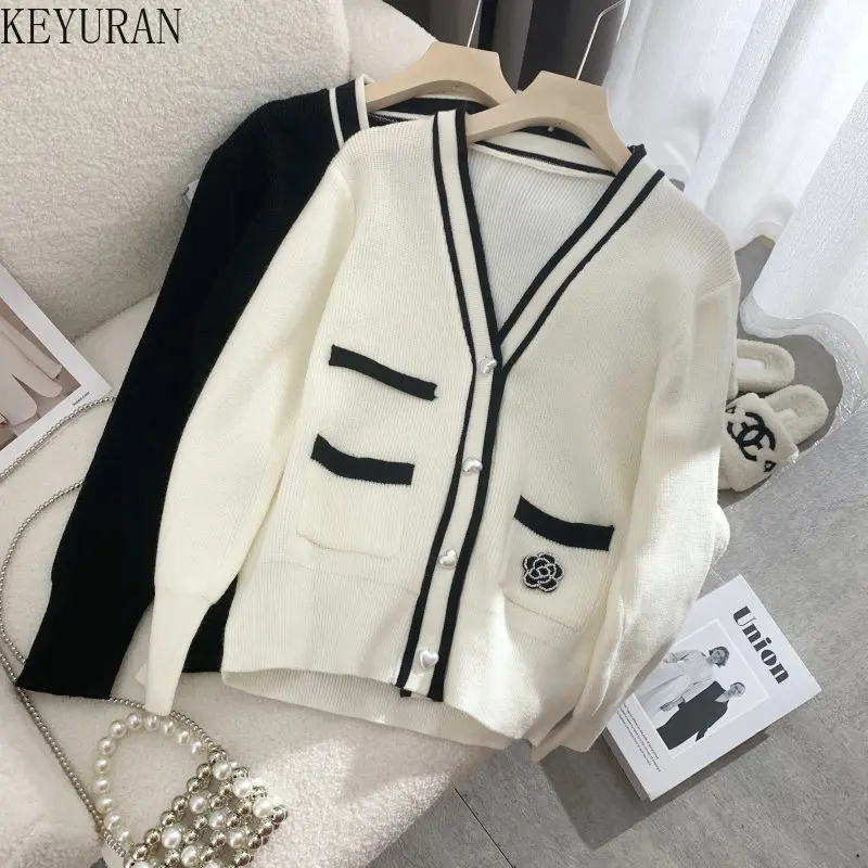 Floral Knitted Cardigan Women Sweater Autumn Korean Elegant Black White Love Button V-Neck Long Sleeve Knitwear Top Sueter Mujer