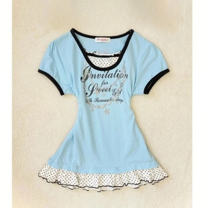 

Deeptown Vintage Y2k Blue T-shirts Women Harajuku Polka Dot Patchwork Tees 2000s Spicy Girl Letter Print Short Sleeve T-shirts