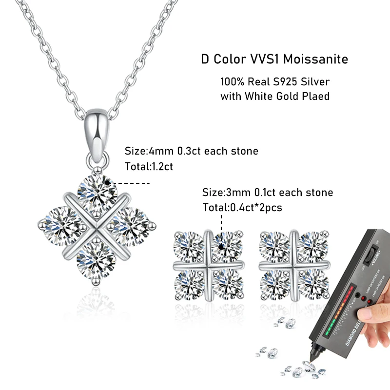 Tezzc Moissanite Jewelry Sets For Women S925 Sterling Silver with Certificates Diamond Pendant Necklace Earring Wedding Jewelry