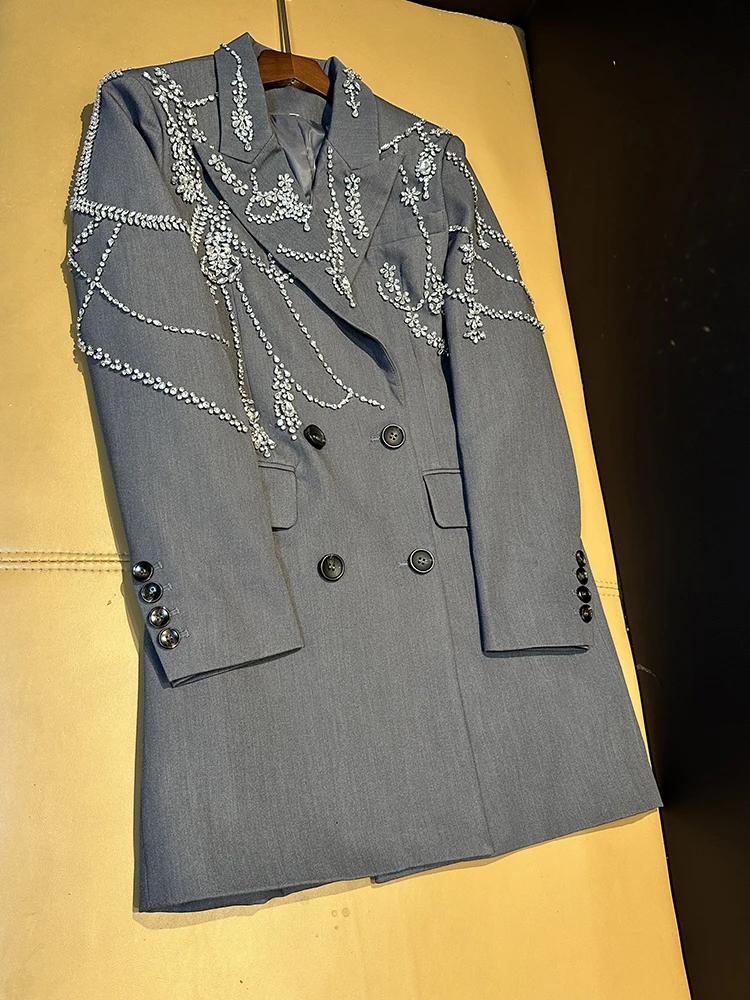 Blazer largo hecho a mano para mujer, Chaqueta de vestir con botones de doble botonadura, traje gris, ropa de diamantes