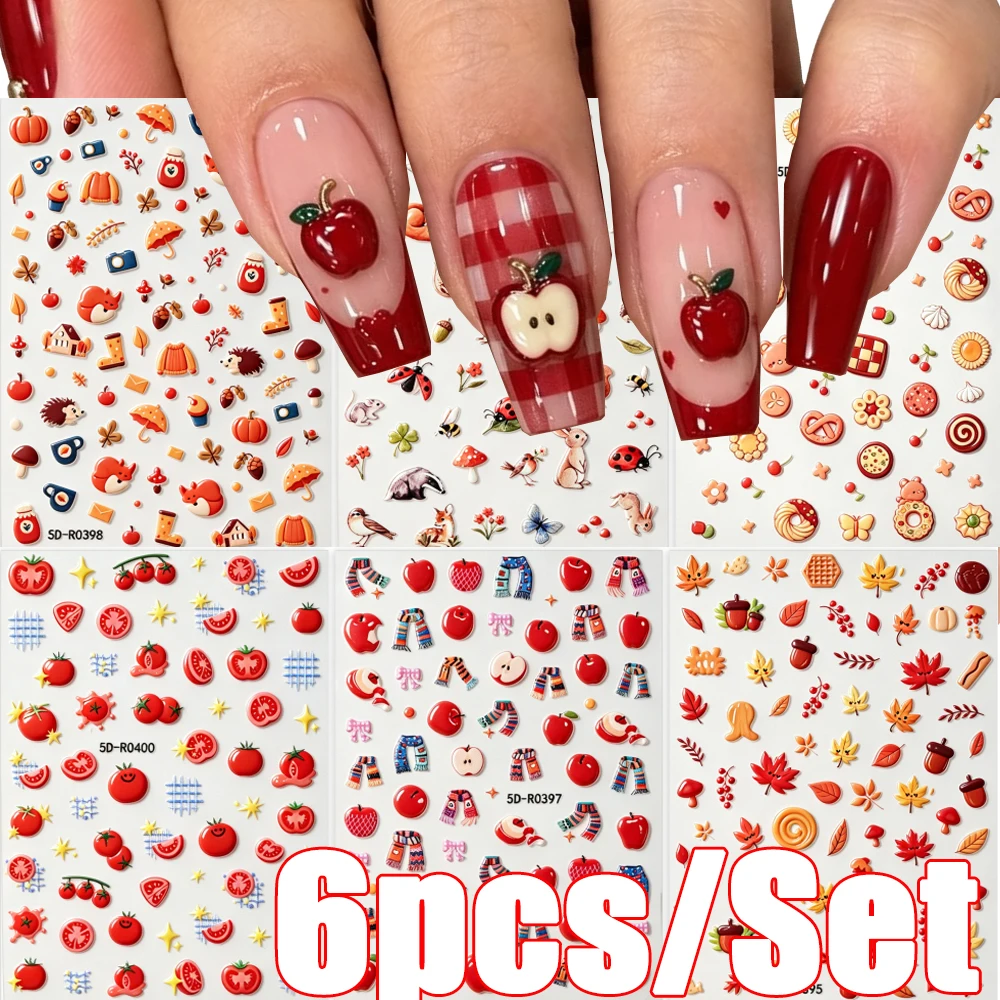 6pcs 5D Autumn Nail Stickers Cute Red Apple Dessert Maple Leaf Animal Self‑adhesive Nail Decals For Fall DIY Manicure Nail Decor