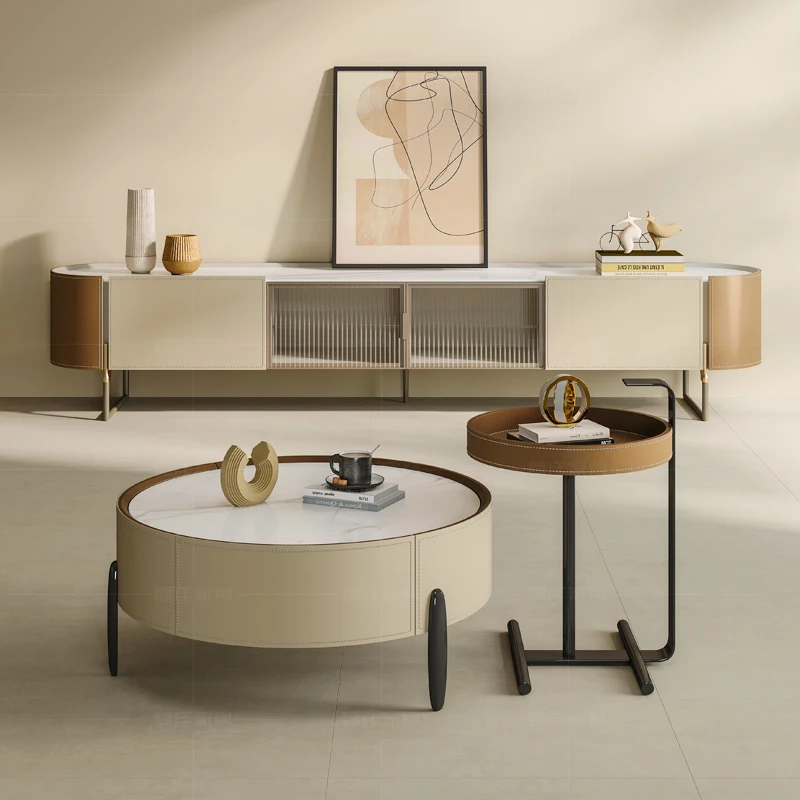 sala de estar casa pequeno apartamento designer mesa de centro redonda de couro