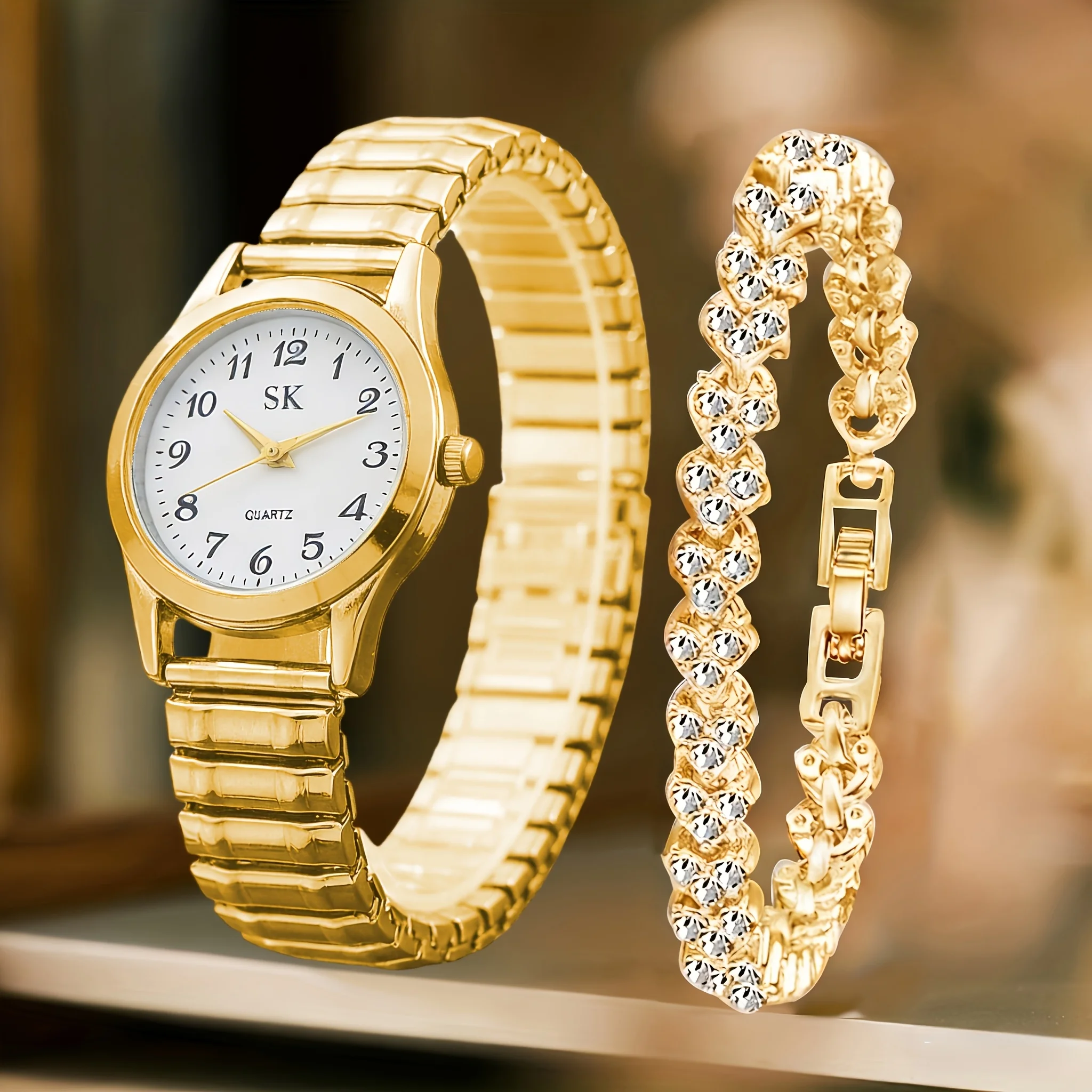 2PCS Fashion Elastic Band Women Watch Bracelet Set Elegant Arabic Dial Women's Quartz Wristwatch Accessory Gift Relogio Feminino