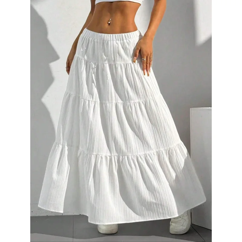 

Casual Solid Color Long Skirt Women Elegant Elastic Waist Big Hem Splicing Cake Skirt 2025 Spring Fashion Versatile New Style