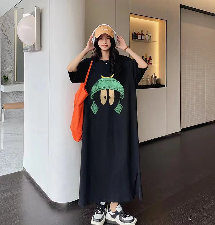 

Summer New Korean Style Cute Print Midi Length Slit Short Sleeve Loose Versatile Ins Style Dress Polyester Fiber Straight Tub...