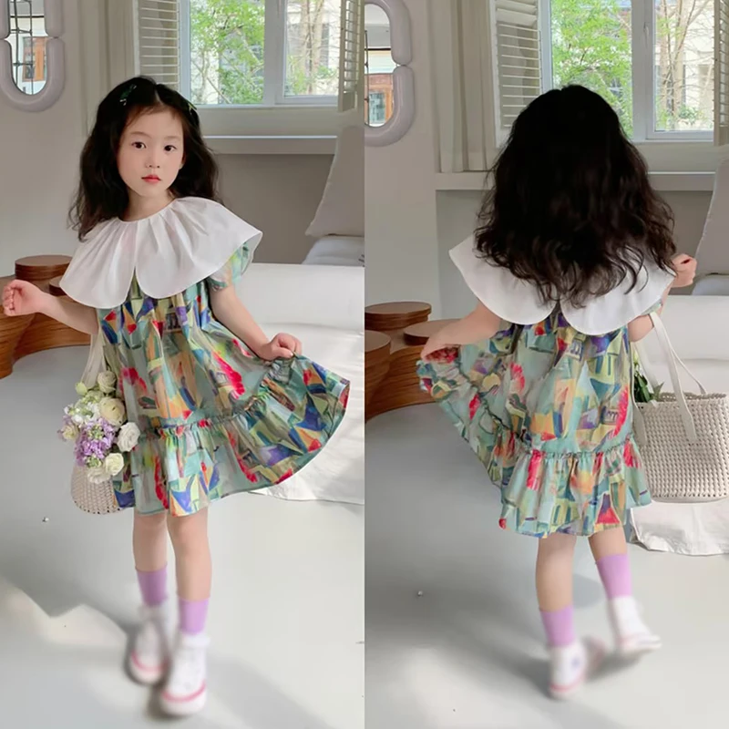 Summer Girl Ruffled Collar Ink Ruffled Hem Design Korean Version Princess Dress Ink Sweet Beach Dress For Girls 3-8 Years Old