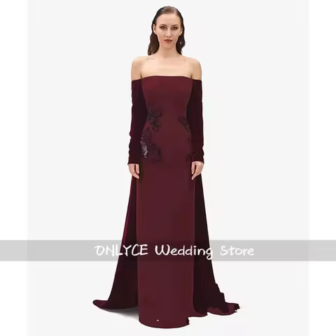 Customized Burgundy Evening Dress Boat Neck Long Sleeves Sequined Butterfly Saudi Arabian Prom Gown Formal Party Dresses