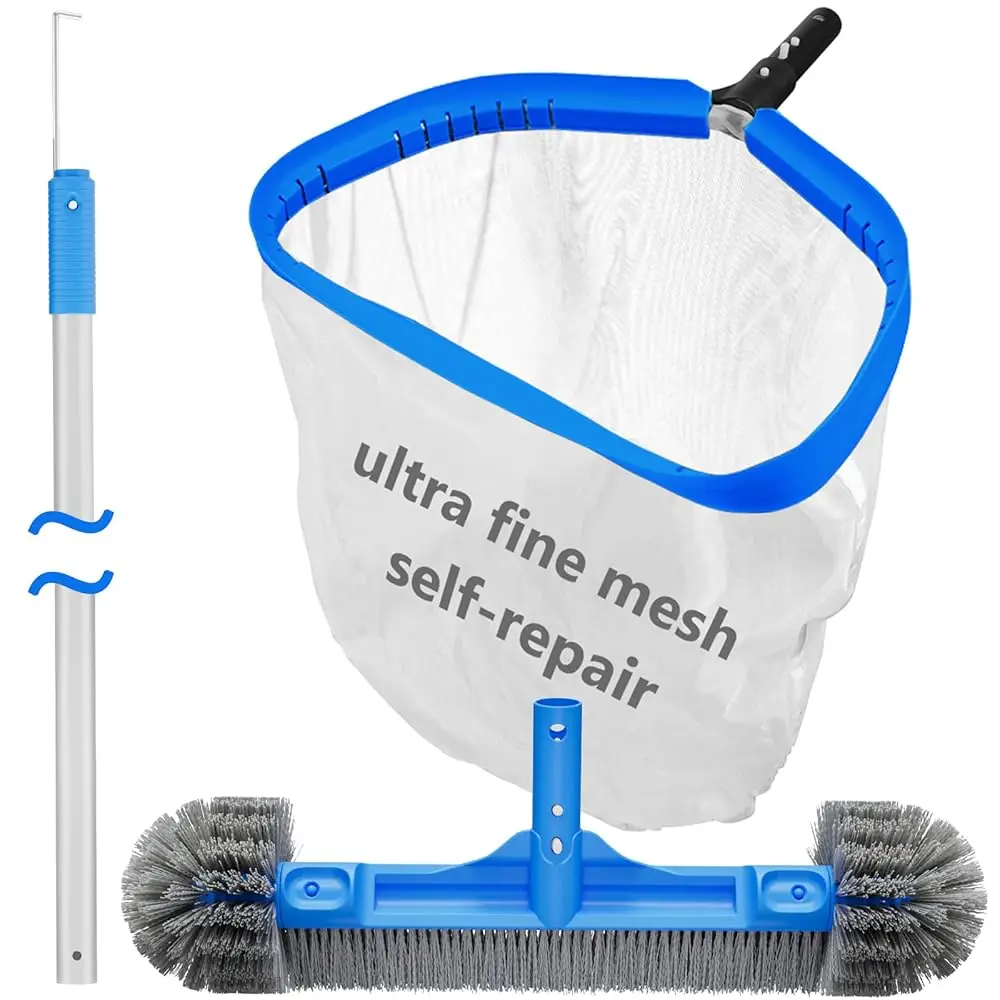 Kit Completo de Limpieza para Piscinas - Red de Nylon Autorreparable de 17.5'' con Malla Ultrafina y Cepillo para Piscinas Desmontable de 17.5'' con Extremo Redondo y 10