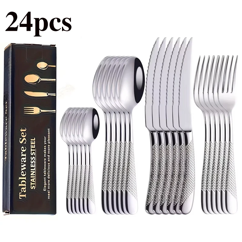 24pcs Stainless Steel Tableware Set, Including Knife, Fork, Spoon and Coffee Spoon Gift Box, Dishwasher Safe